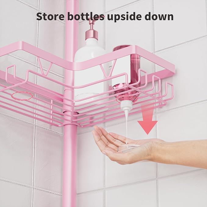 KEGII Shower Caddy Tension Pole, 4-Tier Rustproof Adjustable Corner Bathroom Organizer for Renters, 25–114.2 Inch No Drill Space-Saving Shower Storage Rack, Pink - Image 5