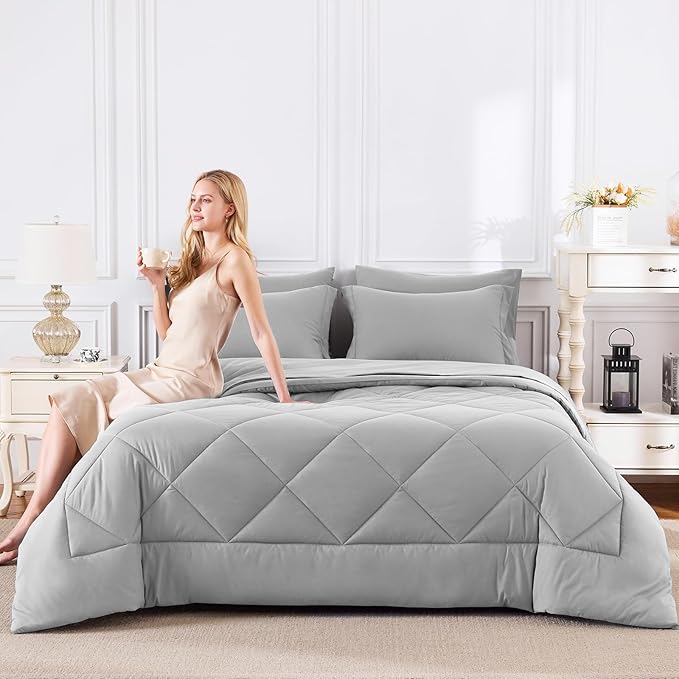 CozyLux Oversized King Comforter Set Light Grey, 7 Pieces Bed in a Bag Comforter Set with Sheets, All Season Bedding Set with Down Alternative Comforter, Sheets, Pillowcases & Shams