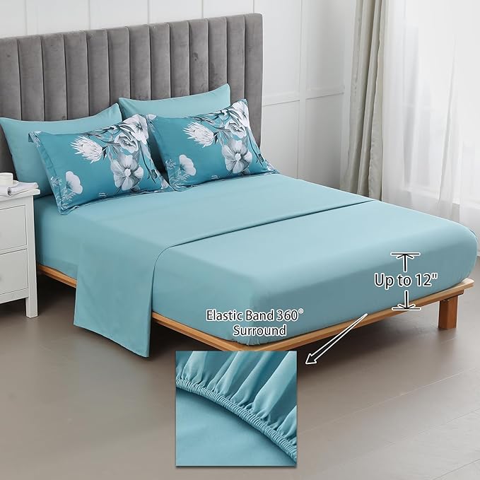 Luxudecor Floral Comforter Set Queen Size 7 Piece, Teal Blue Flower Bed in a Bag, Elegant Comforter Bedding Set for All Season (Teal Blue, 90"x90")