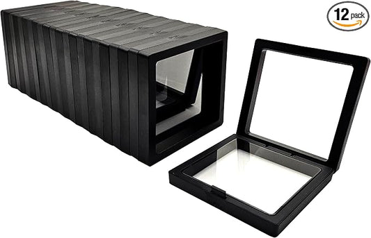 12PCS 3D Floating Frame Display Stand, Jewelry Box, Gift Box, Ornament Organizer, Small Travel Jewelry Box, PE Film Anti-Oxidation, Suspended Display Box Stackable (Black, 3.54 * 3.54) by Unknown
