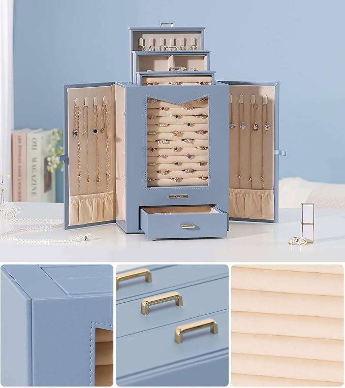 Homde Jewelry Organizer with Transparent Window Necklace Hooks Gift for Women Jewelry Box Display Case for Necklaces Rings Earrings Bracelets and Other Accessories (Grey Blue) - Image 7