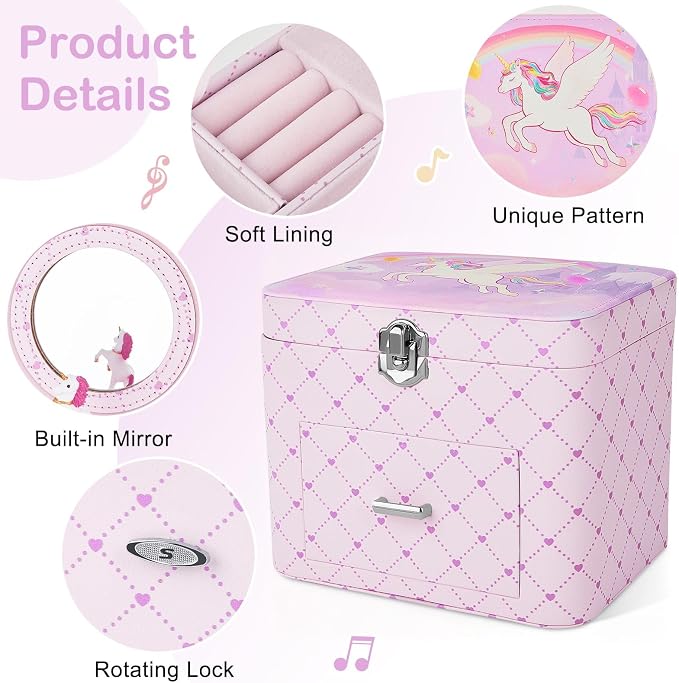 Basumee Musical Jewelry Box for Girls PU Leather Music Box with Drawer Large Kids Jewelry Organizer with Unicorn/Ballerina Jewelry Storage for Little Girls Ages 3–10, Birthday & Holiday Present - Image 4