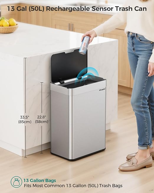 Kitchen Trash Can Touchless, 13 Gallon/50 L Stainless Steel Automatic Motion Sensor Trash Can, Type-C Rechargeable Garbage Can with Lid, Silent Close, Touchless Trash Bin for Home Kitchen, Silver - Image 2