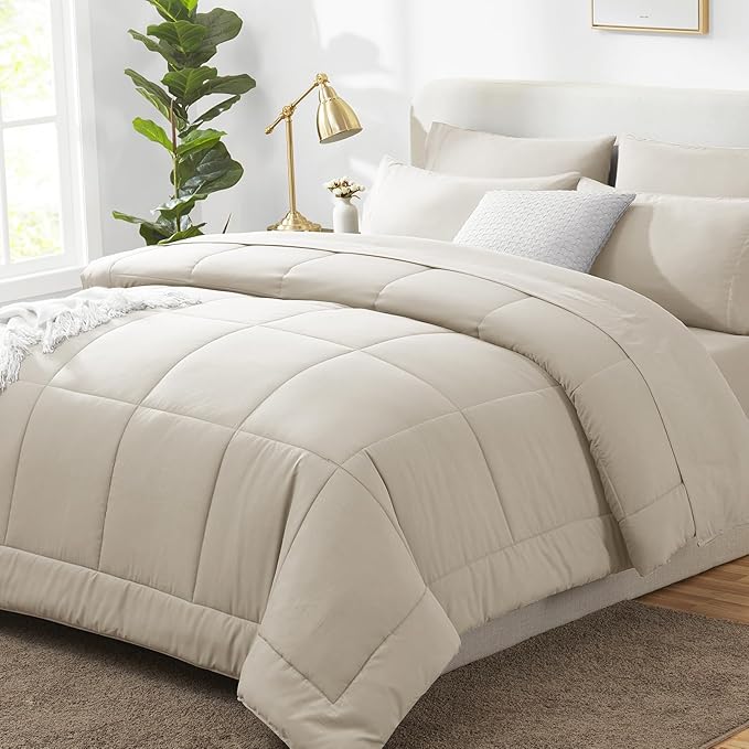 CozyLux Oversized Queen Comforter Sets Beige, 7 Pieces Bed in a Bag, Ultra-Soft All Season Bedding Sets with Stitch Quilted Comforter, Flat Sheet, Fitted Sheet, Pillowcases