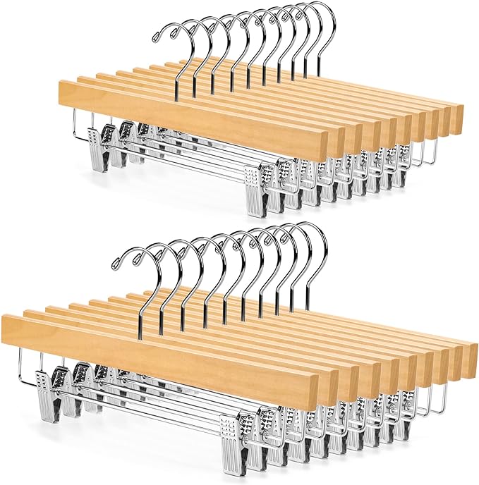 Nature Smile Wooden Pants Hangers Skirt Hanger Solid Lotus Wood Jeans Bottom Hanger with Clips Natural Color(20 Pack) by NatureSmile