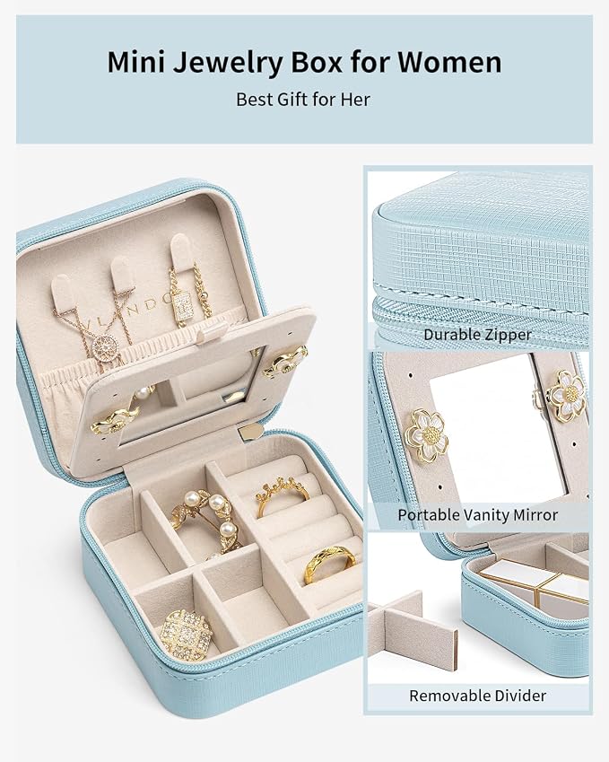 VLANDO Teacher Appreciation Graduation Gifts - Small Travel Jewelry Box Organizer - Display Case for Girls Women Gift Rings Earrings Necklaces Storage with Mirror Blue - Image 3