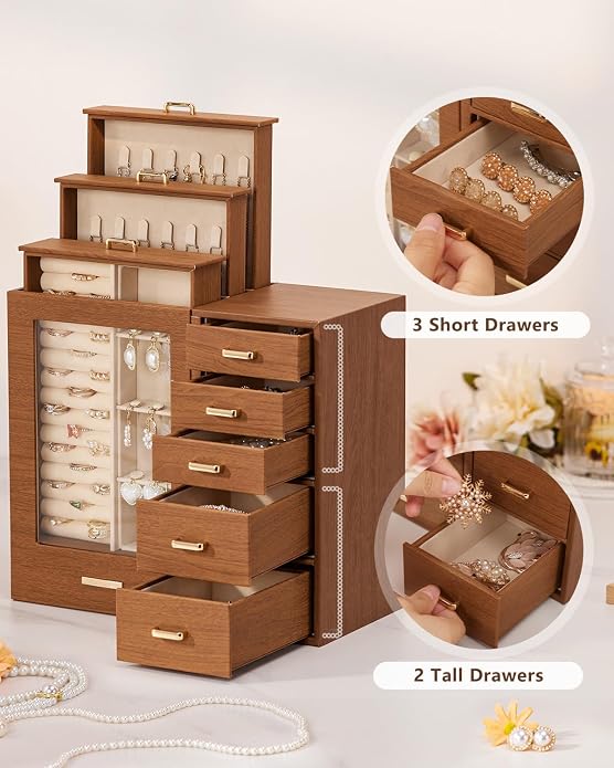 Homde Large Jewelry Box/Organizer/Case with Glass Window, Drawers for Necklaces Earrings Rings Bracelets Watches Gift for Women Girls - Image 4