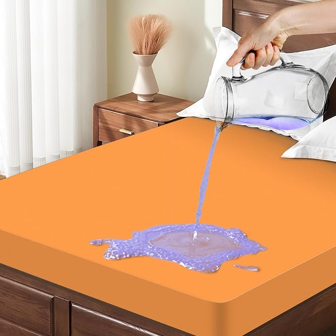 King Size Mattress Cover Protector, Breathable King Mattress Pad Cover with 6-18 Inches Deep Pocket, Waterproof Fitted Sheet for Pets Kids Adults, Machine Washable, Orange (76'' X 80'')