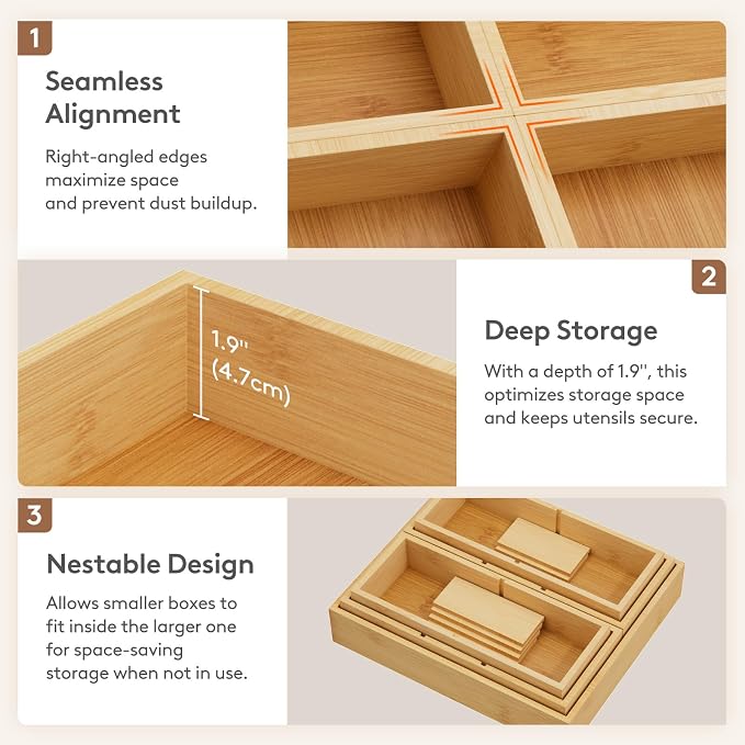 Lifewit Drawer Organizer 15 Pack(33 Grid) with 18 Inserts, Wooden Adjustable Desk Drawer Divider Trays, Storage Bins for Makeup, Kitchen Utensils, Vanity Accessories in Office/Bathroom/Bedroom - Image 8