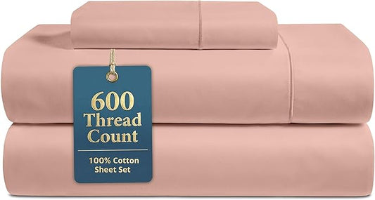 LANE LINEN Twin Sheets Set - 600 Thread Count Sateen Weave for Premium Feel - 100% Extra Soft Cotton Sheet Set - 15'' Deep Pocket for Snug Fit to Your Mattress - Oeko Tex Certified - Sepia Rose