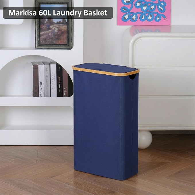Slim Laundry Basket,60L Laundry Hamper with Lid, Tall Hamper for Laundry,Dirty Cloth Hamper with Bamboo Handle for Toys,Towels, Clothes Organizing, Navy Blue - Image 4