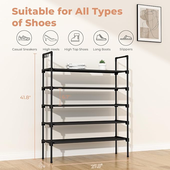LANTEFUL 5 Tier Shoe Rack for Closet Shoe Organizer with 5 Hooks, Long Shoe Shelf Storage for Shoe and Boot Stackable Free Standing Shoe Rack for Entryway, Garage, Small Spaces, Dorm, Black - Image 3