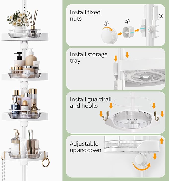 360° Rotating Shower Caddy Tension Pole, 4 Tiers Corner Shower Organizer for Bathroom Shelf Bathtub, Adjustable Standing Shower Rack Bathroom Accessories, Easily Assemble, 34-124 Inch Height, White - Image 8