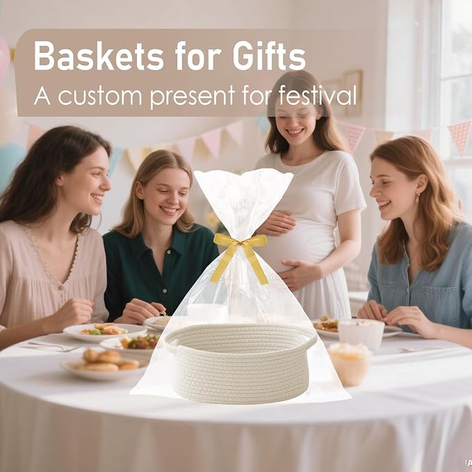 JMvicyroam Woven Basket,Small Rope Storage Bin with Handles & Ribbon Bag, Organizer for Shelves Closets,Gift Basket Empty for Birthday,Books,Dog Toys,White - Image 4