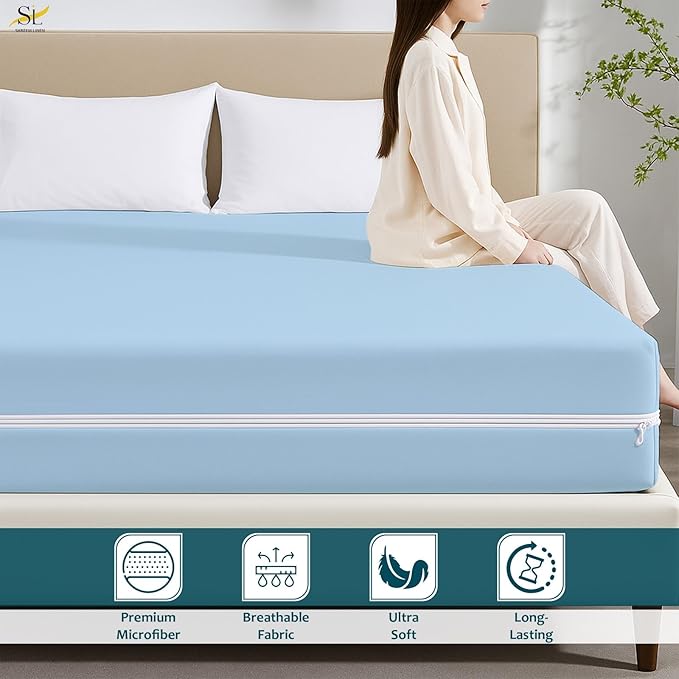 Mattress Protector Full Size 100% Waterproof Zippered Cover, 15 Inches Deep, Six-Sided Mattress Encasement for Bed, Zipper Closure Style (Light Blue)