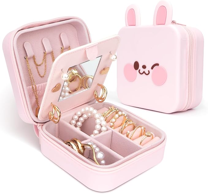 Cute Bunny Travel Jewelry Case with Mirror, Silicone Portable Mini Small Jewelry Box Organizer for Women Girls Mom, Wedding, Birthday Gift - Pink by TiZUXA