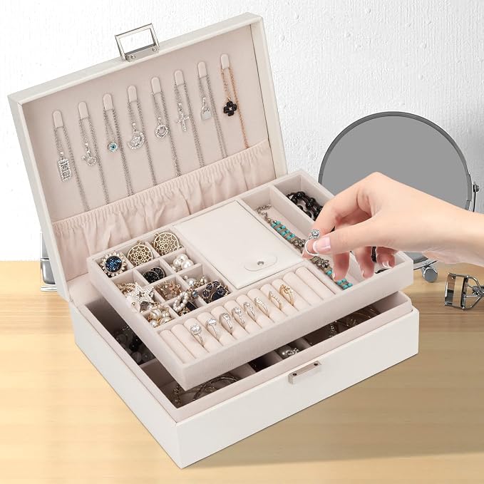 Jewelry Organizer Box for Girls Women - Double Layer Large Travel Jewelry Case with Gift Box/White - Image 6