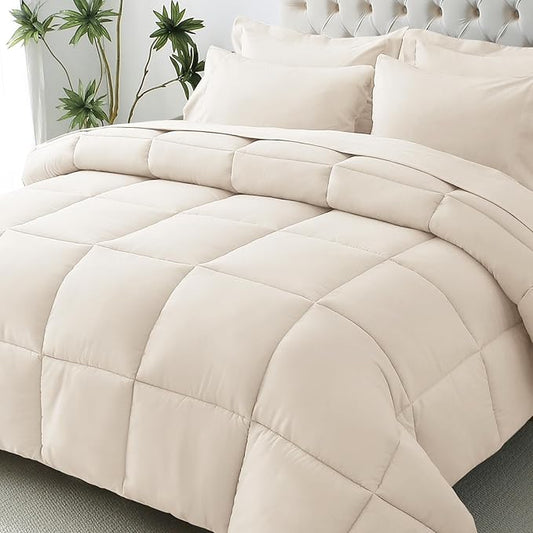 JOLLYVOGUE Oversized King Comforter Set, Ultra-Soft Bed in a Bag Oversized King Size 7 Pieces, Oeko-TEX Certified Bedding Set with Down Alternative Comforter, Sheets, Pillowcases & Shams, Beige