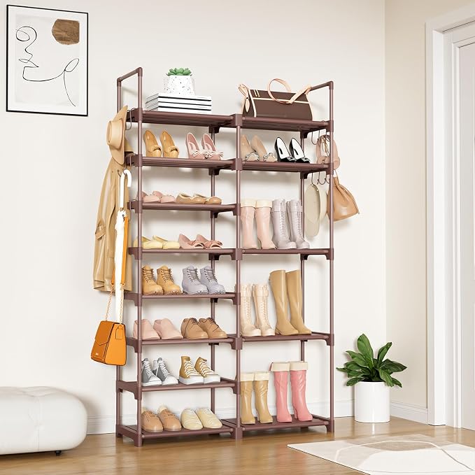 ROJASOP Shoe Rack Organizer, 8-Tier Metal Shoe Rack for Closet Entryway Garage, 26-32 Pairs Tall Shoe Boot Storage Shelf with 15 Hooks, Stackable Large Shoe Stand, Brown - Image 2