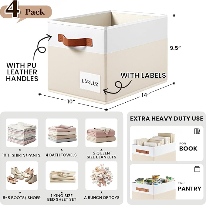 4 Pack Large Closet Storage Baskets for Shelves - 14x10 Heavy Duty Closet Shelf Organizer Bins with Handles & Labels - Decorative Collapsible Baskets for Organizing Living Room Bedroom Nursery Dorm - Image 2