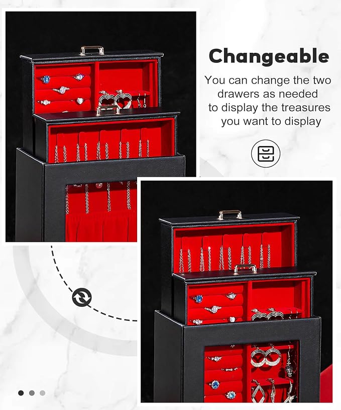 Homde Jewelry Organizer Girls Women Jewelry Box for Necklaces Rings Earrings Gift Bracelets Storage Case (Black + Red + Gold) - Image 2