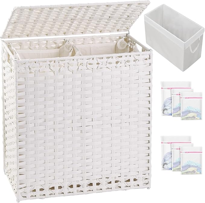 SETVSON Laundry Hamper with Lid Wicker Laundry Basket 112 L (29.6 Gal) Laundry Hampers Handwoven Rattan Clothes Hamper with Handles 3 Removable Liner Bag, 6 Mesh Bags for Bathroom Bedroom White by SETVSON
