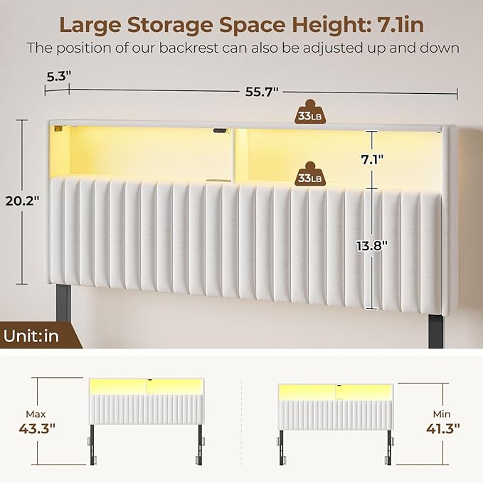 Rolanstar Headboard for Full Size Bed with Storage, 60,000 DIY Color of LED Light, Head Board with USB & Type C Port, Height Adjustable, Velvet Upholstered, Comfortable Modern, Light White