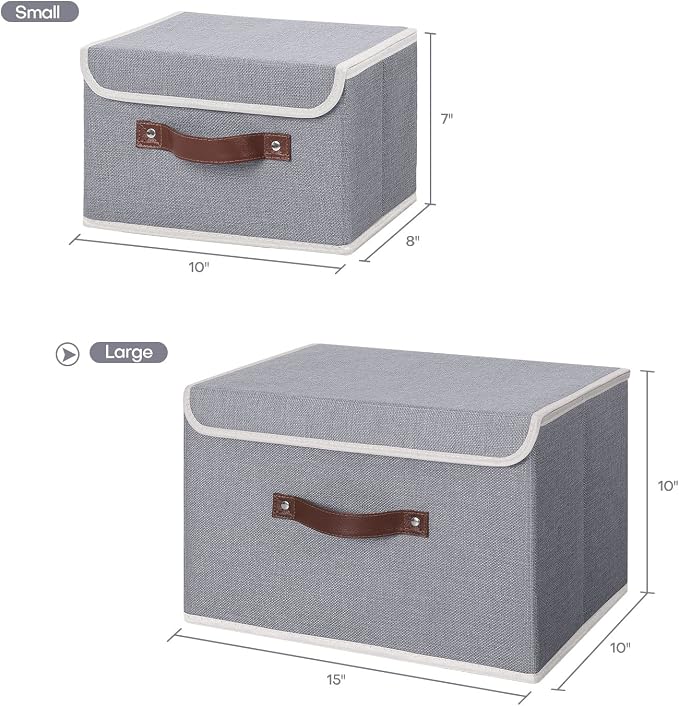 ANMINY 2PCS Storage Bins with Lid PU Leather Handles Storage Boxes PP Plastic Board Decorative Foldable Lidded Cotton Linen Fabric Home Cubes Baskets Closet Organizer Containers - Gray, Large Size - Image 5