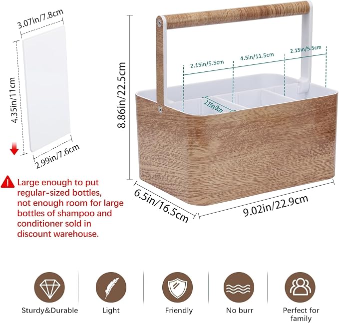 BYUNER Shower Caddy Portable for College: Devided Bathroom Caddy Shower Basket for Dorm with Handle, Plastic Bathroom Counter Organizer Storage Tote Bin for Dorm,Kitchen,Cabinet, Wood Grain - Image 2