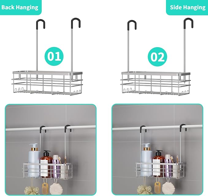 HapiRm Hanging Shower Caddy Organizer - No Drilling Shower Organizer with Hooks, Rustproof & Waterproof 304 Stainless Steel Bathroom Shelves - Silver (1 Basket) - Image 3