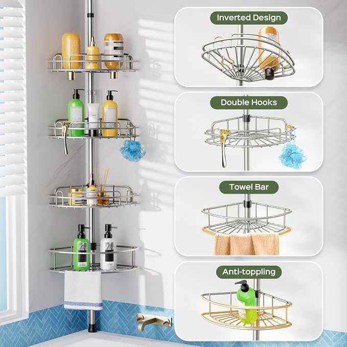 HAMITOR Shower Caddy Tension Pole: 4-Tier Rustproof Bathroom Corner Shelf Organizer for Renter - No Drill Large Shampoo Storage Rack - Adjustable 47-121" - Space Saving Bathtub Accessory - Silver Gray - Image 5