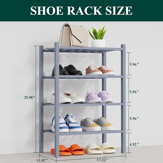 Smiry Shoe Rack, 4 Tier Thick Small Bamboo Shoe Organizer, Stackable Free Standing Wooden Shoe Storage Shelf for Closet, Entryway, Front Door Entrance, Grey - Image 2