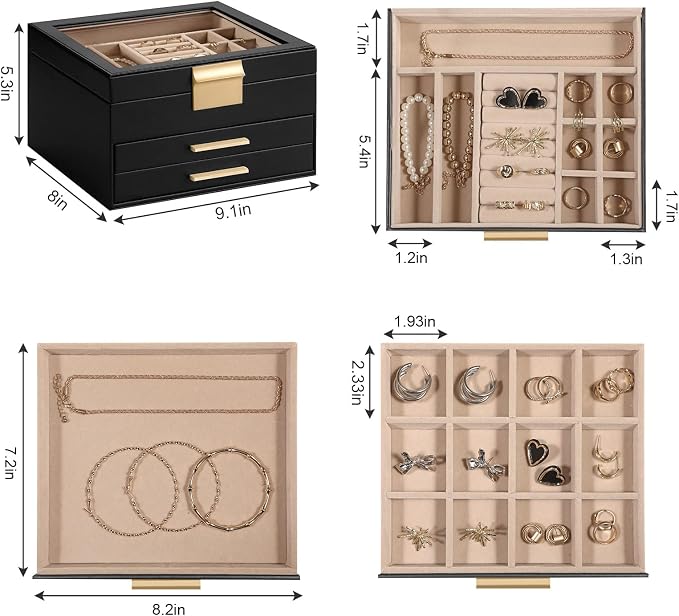 Somduy Jewelry Box Organizer for Women,3 Layers Jewelry Storage Display Box with Glass Lid,Gift for Christmas,3 Drawers,Large Capacity for Necklace Earrings Bracelets Rings,Black - Image 3