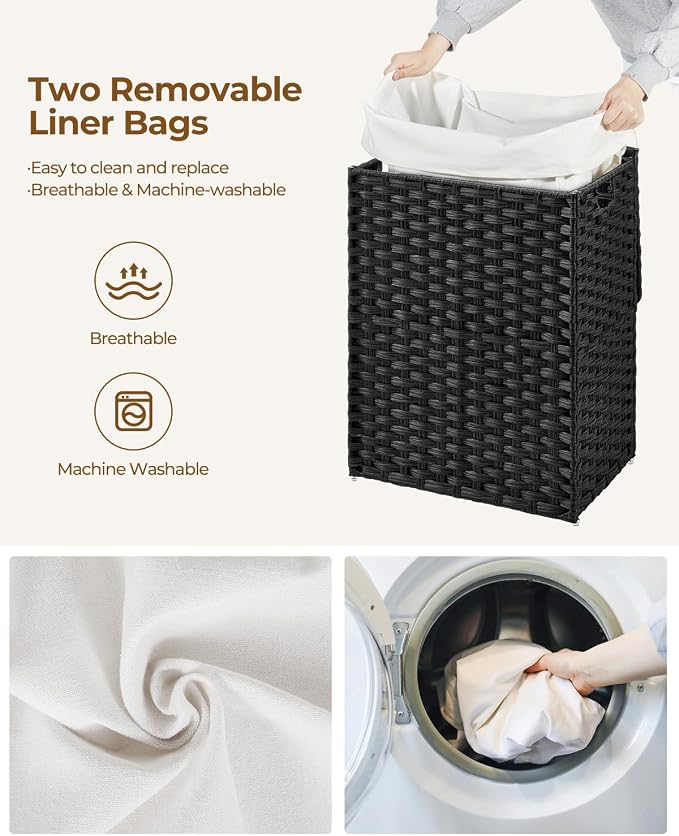 Greenstell Laundry Hamper with Lid, 90L Clothes Hamper with 2 Removable Liner Bags & 2 Mesh Laundry Bags, Handwoven Synthetic Rattan Laundry Basket for Clothes, Toys in Bathroom, Bedroom Black - Image 4