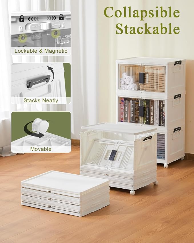 OlarHike 144QT Lockable Storage Bins with Lids - Folding Storage Cabinet with Doors and Wheels, Collapsible Plastic Box for Closets, Office, Stackable Organizer and Containers, Gifts, 3 Pack Cubes - Image 3