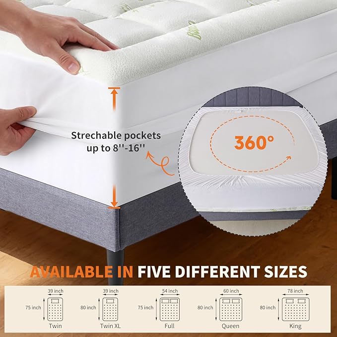 OLIXIS Twin Size Bamboo Viscose Mattress Topper, Thick Pillow Top Mattress Pad with Stretchable Pockets, Soft Pressure-Relieving Bed Topper for Back Pain Relief, Breathable
