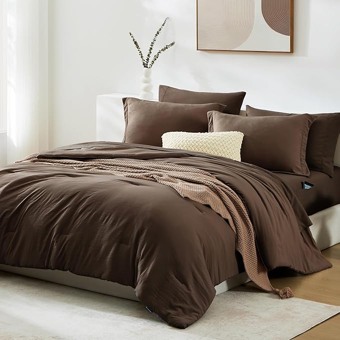 WRENSONGE King Size Comforter Set- 7 Pieces Soft Chocolate Brown Bed in a Bag King with Fitted Sheet, Flat Sheet, 2 Pillow Shams, and 2 Pillowcases-Warm King Bedding Set for All Season