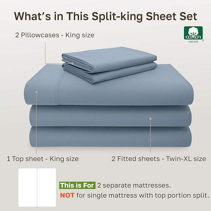 California Design Den Split King Sheet Set - 100% Cotton, Luxury 600 Thread Count, Breathable Split King Size Sheets for Adjustable Bed, Luxury Soft Durable Sheets with Sateen Weave - Pastel Blue