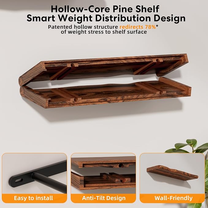 Solid Wood Live Edge Floating Shelves Set of 2 – 24" Rustic Wall Shelf with Hidden Bracket System, Wall Mounted Shelves for Bathroom, Kitchen, Living Room, Bedroom (Glazed Walnut) - Image 8