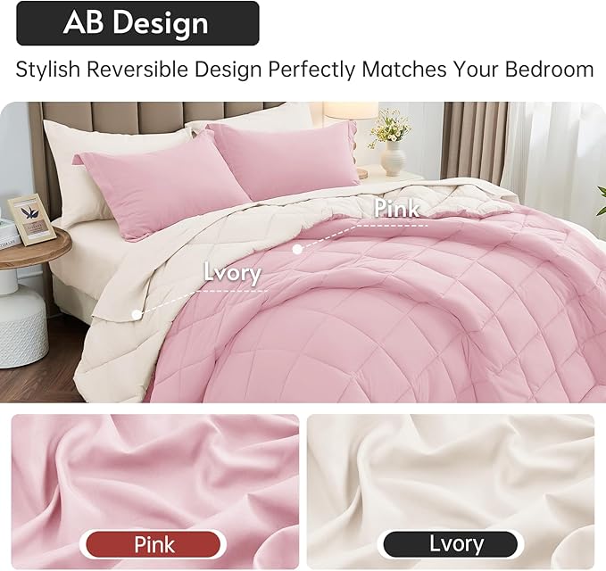 MUXHOMO 5 Pieces Twin XL Comforter Set, Reversible Bed in a Bag Twin XL Size, All Season Bedding Set with Comforter, Flat Sheet, Fitted Sheet, Pillowcases & Shams, Light Pink & Ivory