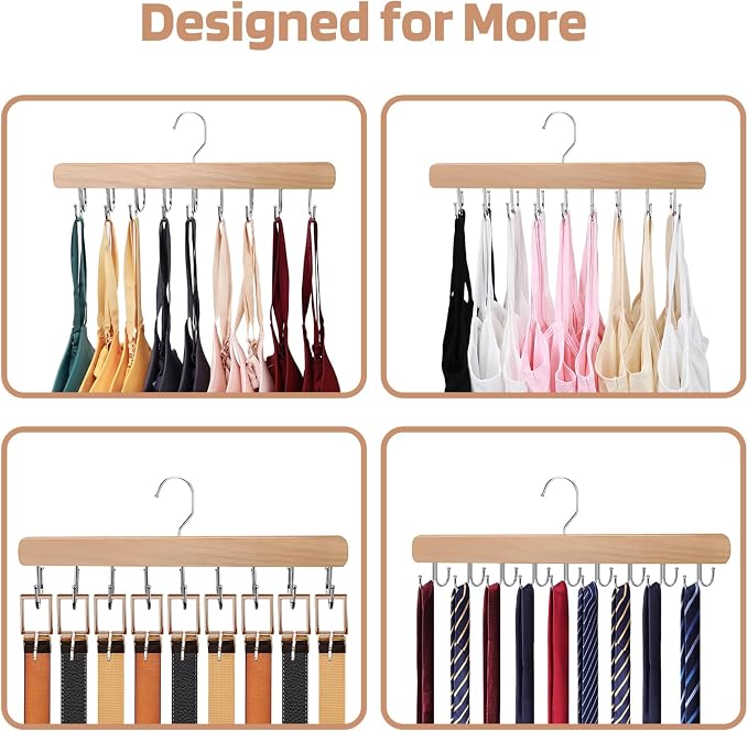 NECAMOCU 2 Pack Bra Hanger for Closet Organizer, Premium Wooden Tank Top Hangers with 36 Foldable Hooks, 360° Rotating Design, Space Saving Storage for Tank Tops, Bras, Scarves and More - Image 7