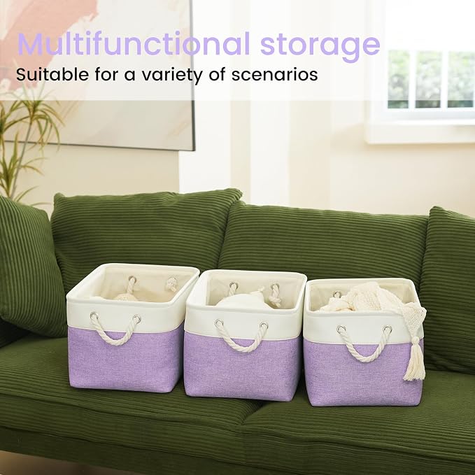 Large Storage Baskets- 15x11x10 inch Storage Bins for Shelves and Closet Organizing, Foldable Fabric Bin for Home Organization Clothes and Laundry (1-Pack, White&Purple) - Image 6