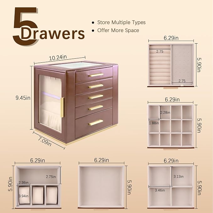 Homeanda Jewelry Box for Women with Glass Lid, 5 Drawers Jewelry Organizer and Storage for Necklaces, Rings, Earrings, Bracelets, Gift for Girls and Teens,PU Leather (Brown) - Image 3