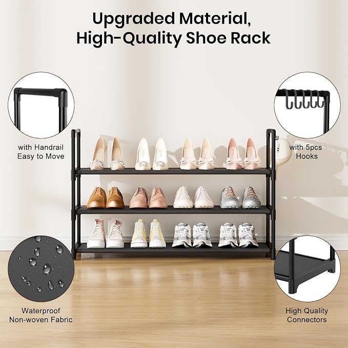VILICK Shoe Rack for Closet Shoe Organizer Space Saver Storage for 12-15 Pair Shoe Shelf with Hook Free Standing 3 Tier Shoe Rack Organizer for Entryway, Small Spaces, Black - Image 4