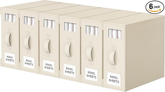 Criusia Bed Sheet Organizers and Storage, 6 Pack Foldable Linen Closet Organizer Box – Bedding Holder for Sheet Set (King/Queen Sizes), Duvet Covers, Blankets (Beige) by Criusia