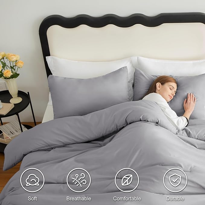 CozyLux Queen Comforter Set Grey, 3 Pieces Solid Comforters Queen Size Breathable Bedding Sets, Gray Luxury Soft Lightweight Bed Set with Down Alternative Comforter and 2 Pillowcases for All Seasons