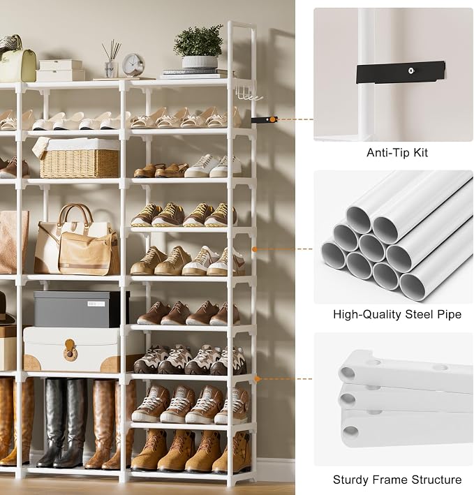 WOWLIVE 4 Row 9 Tiers Extra Large Shoe Rack Big Tall Metal Shoe Shelf, Heavy Duty Organizer for Closet Entryway, Boot Rack Storage Stackable Stand for Garage White - Image 7
