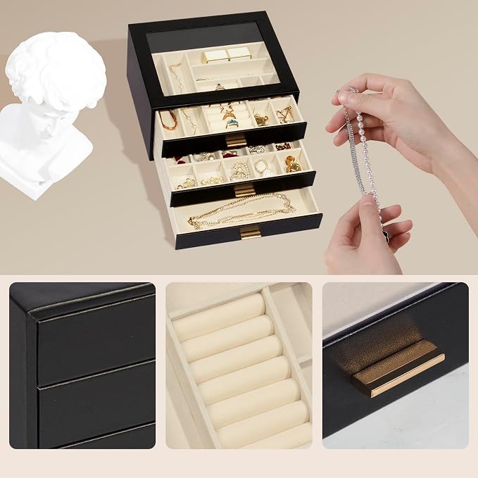 Jewelry Box with Glass Lid, 3-Layer Jewelry Organizer for Women Girls, PU Leather Display Case with 20-Grid Earring Tray & Movable Dividers for Necklaces Rings,Black - Image 6