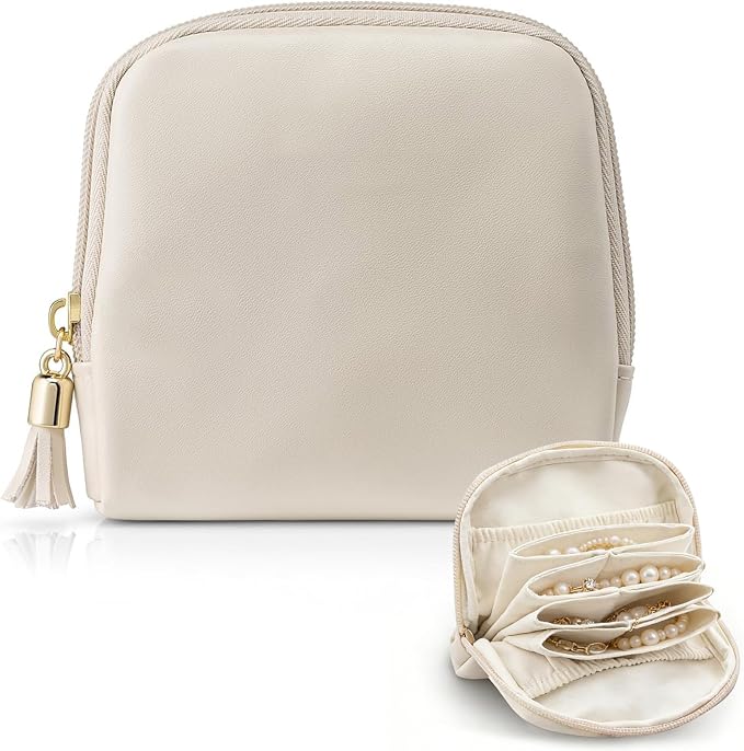 Ideal Swan Small Travel Jewelry Case, Valentines Gifts for Women, Portable Large-Capacity Tassel Jewelry Pouch Bags with Zipper, Beige Velvet Jewelry Organizer Storage Bag for Bracelet Rings Earring by IdealSwanBeauty
