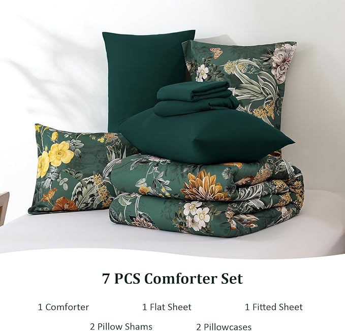WONGS BEDDING Green Comforter Set Queen,7 Pieces Floral Comforter Set for All Seasons,Bed in a Bag King with Botanical Flowers Comforter, Sheets, Pillowcases & Shams